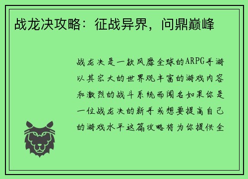战龙决攻略：征战异界，问鼎巅峰
